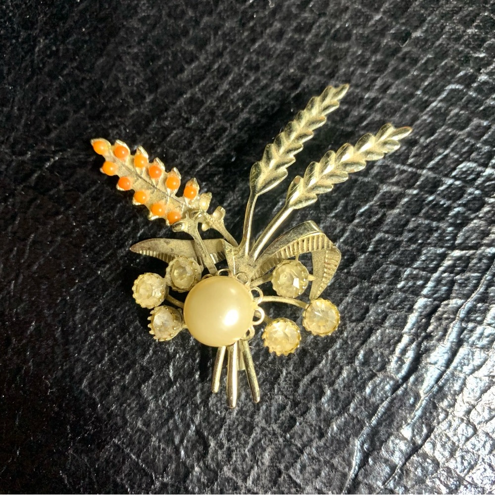 Vintage Tin Brooch with Faux Pearl